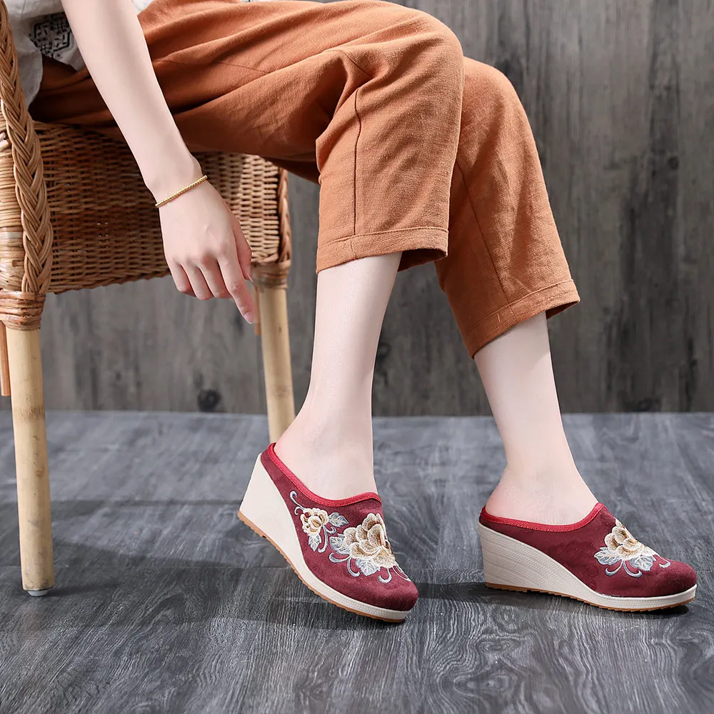 Veowalk Old Beijing Embroidery Women\'s Canvas Mules Slippers High Heel Wedge Ladies Comfort Linen Cotton Platforms Shoes