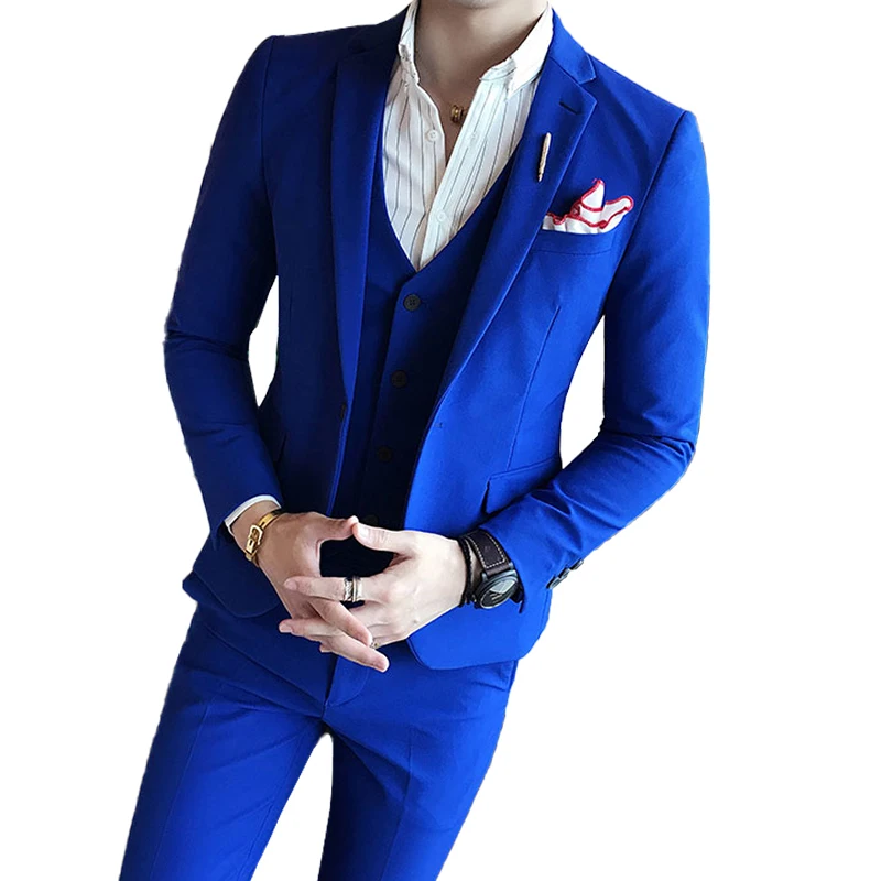 S-7XL ( Jacket + Vest + Pants ) Mens Suit Solid Color Mens Classic Suits Red Prom Suit Black White Blue Slim Groom Wedding Dress