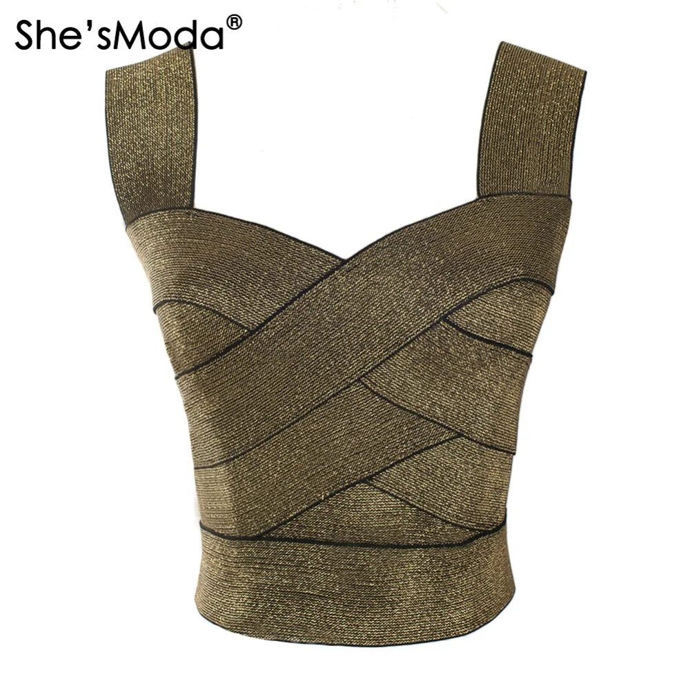 She'sModa Bandage Bling Gold Silver Slim Sleeveless Strapes Women's Spandex Club Party Tank Camis Vest