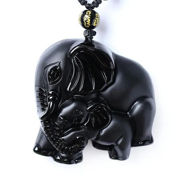 RongDe Drop Shipping Natrual Obsidian Carved Elephant Nose God of Wealth Lucky Pendants Black Obsidian Necklace Pendant