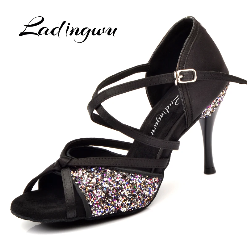 Ladingwu-Chaussures de danse pour femme, satin noir, paillettes, latine, salsa, douce, astronomique, salle de Rh, personnalisé, 8.5cm, nouveau