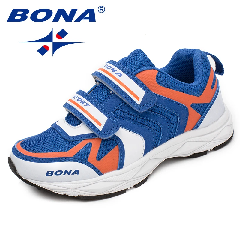 Bona mocassins infantis casuais de malha, novo estilo fashion com gancho e laço, sapatilhas para meninos e meninas, tênis confortáveis ao ar livre