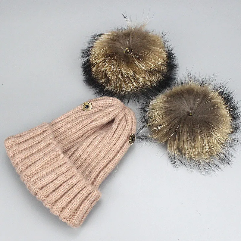 Children And Women Winter Wool Cotton Hats Girls Real Mink Fur Two Pompom Hat Kids Boys Caps Gorro Beanies Hat Skullies Baby Hat