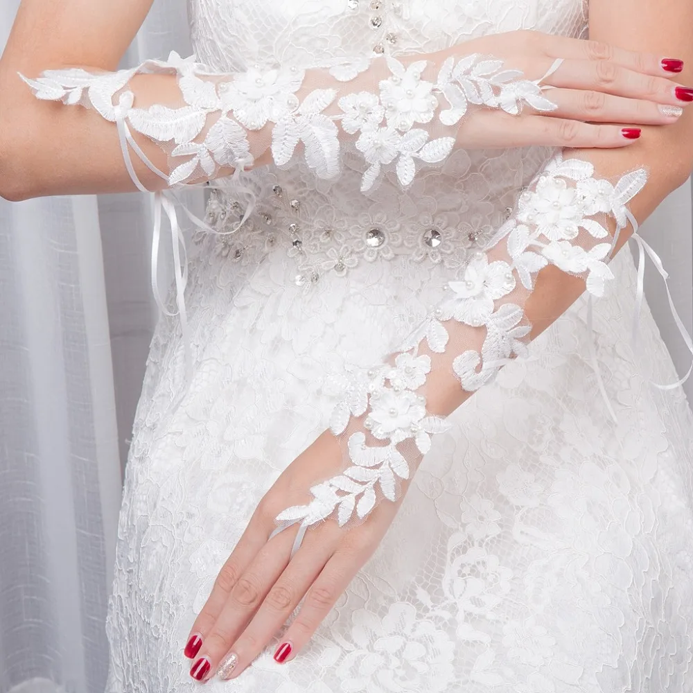 JaneVini-guantes de novia largos y delicados con perlas, 2018, sin dedos, con encaje floral, accesorios para boda