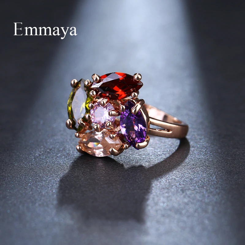 Emmaya Brand Fashion Shiny Romantic Rose Gold Color AAA Multicolor Zircon Jewelry Rings For Women Elegance Wedding Gift Party