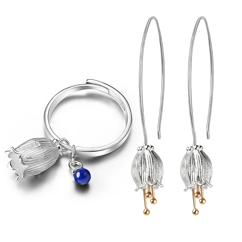 Lotus Fun Real 925 Sterling Silver Natural Creative Handmade Fine Jewelry Fresh Bell Flower Jewelry Set with Ring Earring