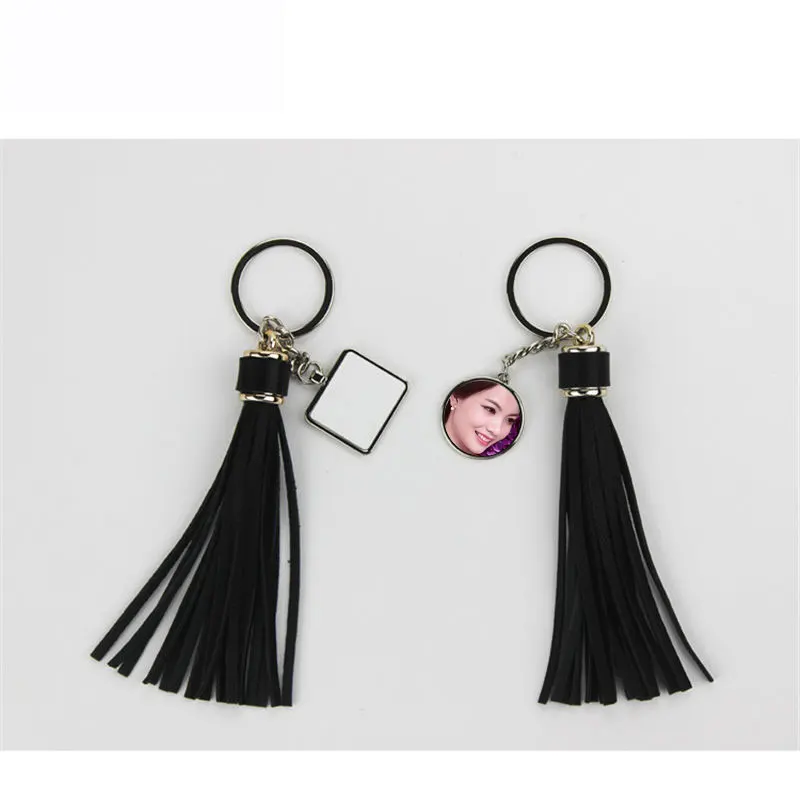 

sublimation blank black long tassels keychains square round key ring hot transfer printing consumables 15pcs/lot