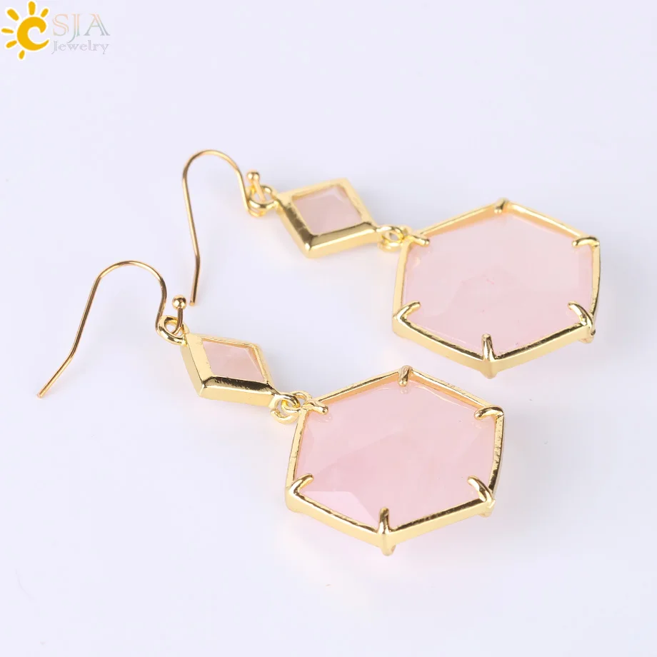 CSJA Women Drop Earrings Prong Setting Geometric Gems Jewelry Double Side Faceted Hexagon Natural Stone Labradorite Earring F409