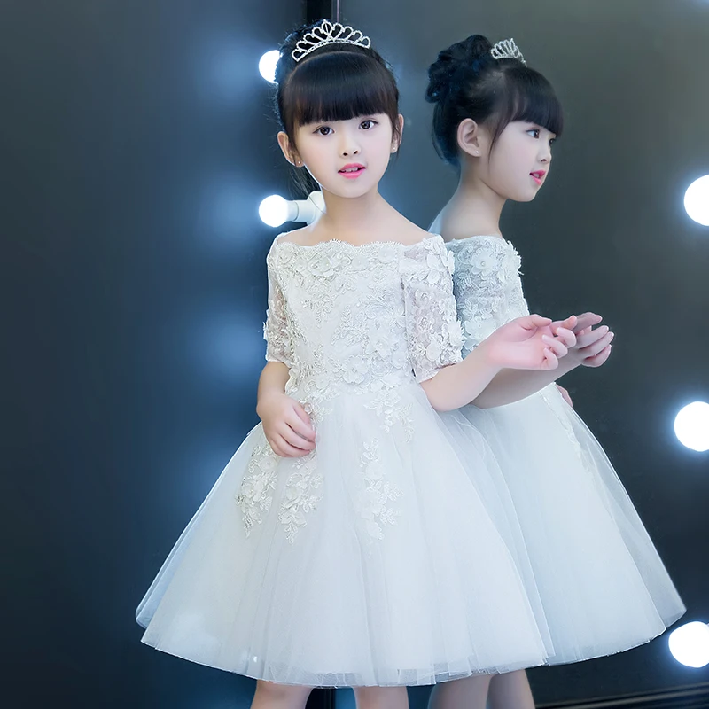 

Beaded Appliques Lace Flower Girl Dresses Half Sleeve Kids Formal Birthday Party Wedding Princess Gown First Communion Dress