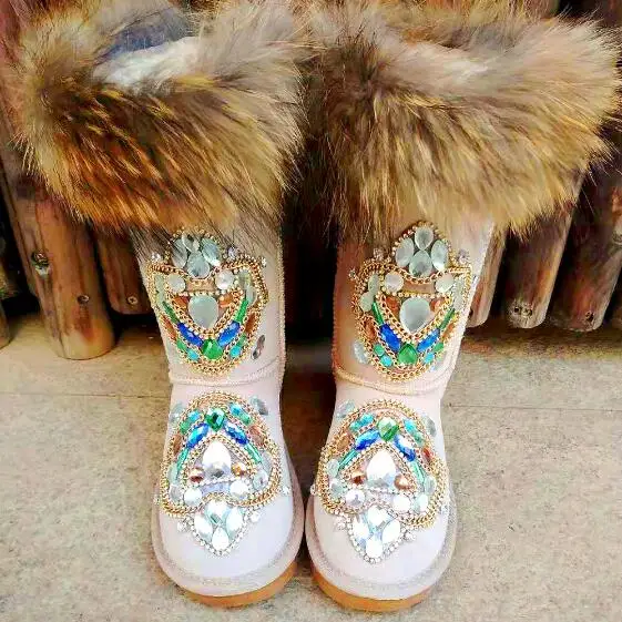 Hot Winter Woman Warm Fox Hair Snow Boots Female Slip-on Flat Shoes Woman Casual Mid-calf Boots Girls Bling Crystal Boots