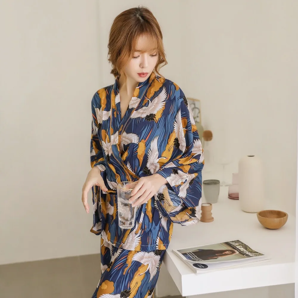 Pyjamas Sets Woman Full Elegant Home Wear Sleep Clothing Female Pajamas Suit Autumn crane Animal Print Japanese kimono straps