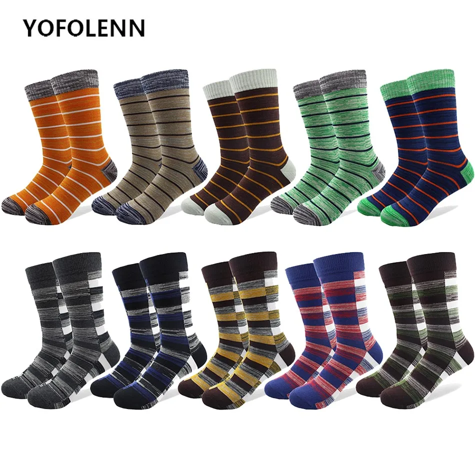 10 Pairs/lot Plus Size Men Business Combed Cotton Plaid Slim Stripe Dress Socks Dark Color Long Crew Wedding Socks for Man