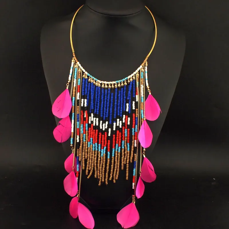 UKEN Bohemian Multicolor Beaded Feather Pendants Necklaces Ethnic Jewelry Women Long Resin Hanging Bead Statement Necklaces