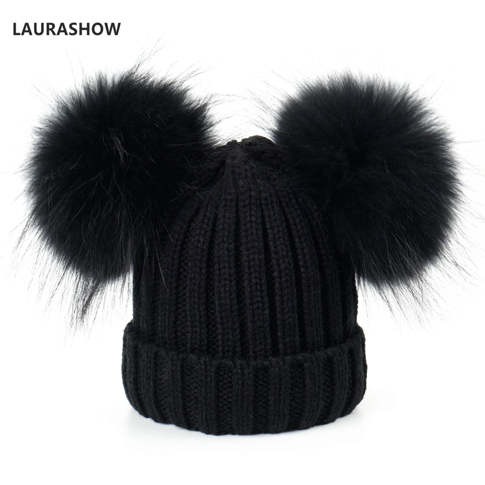 LAURASHOW Adult Winter Brand Cap 16cm Double Real Fur Ball Pom Poms Hat For Lady Hat Knitted Cap Hat Skullies Women Beanies