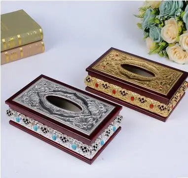 

luxurious hollow wood tissue box covers with Imitation diamond inlay metal napkin holder dispensador papel for Napkin ZJH047