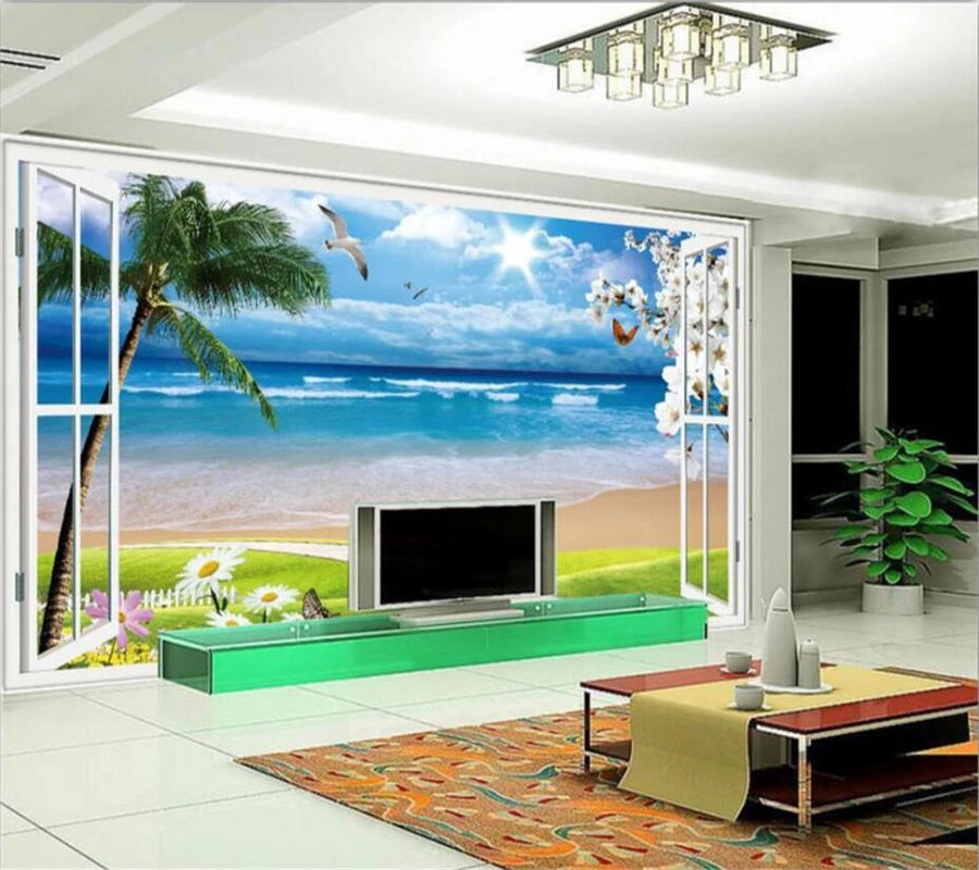 

wellyu papel de parede 3D large mural wallpaper window beach sea palm hut holiday backdrop custom photo papel de parede 3d