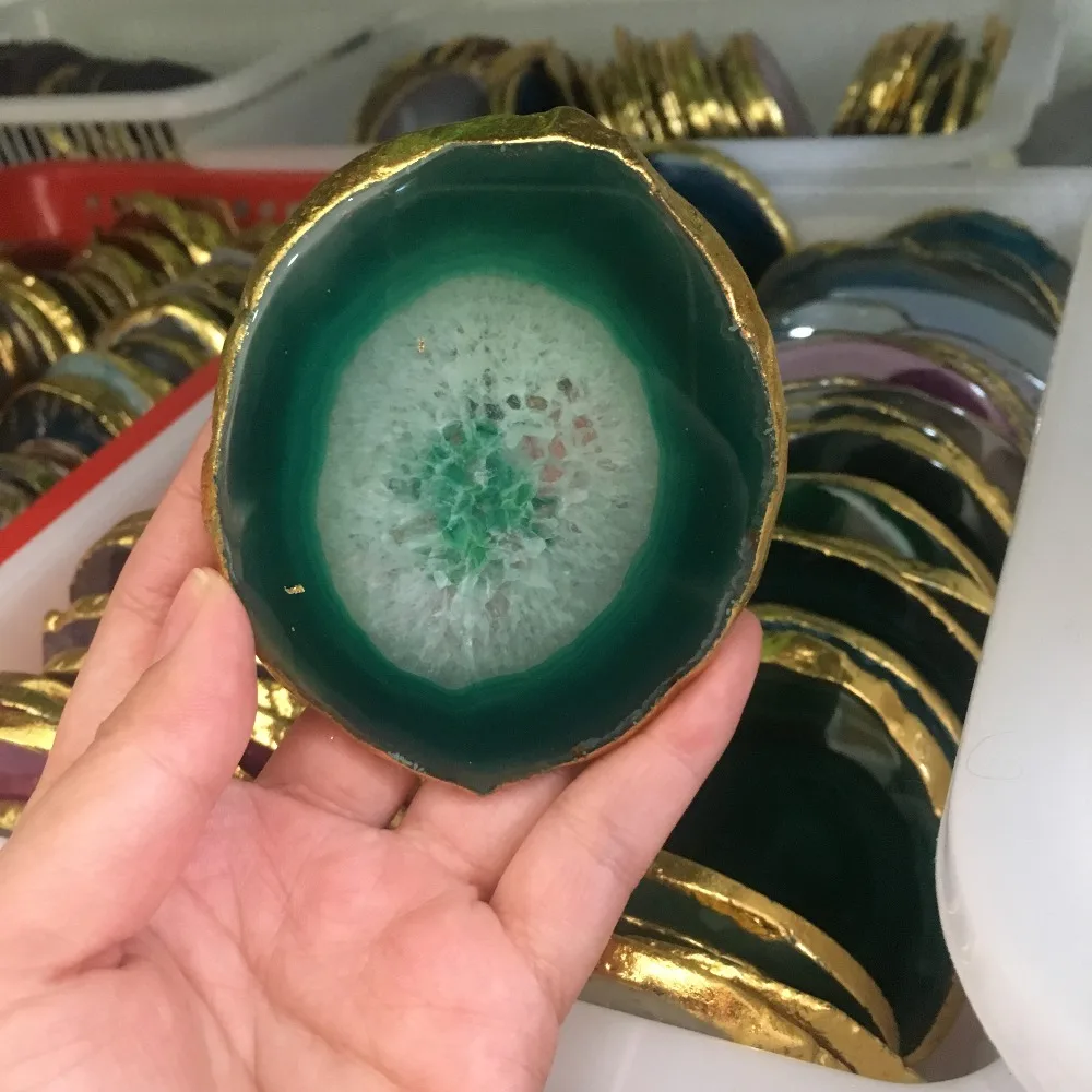 1pcs natural agate Geode piece insulated coasters crystal board jade agate coasters with gold-plated lace mineral trim