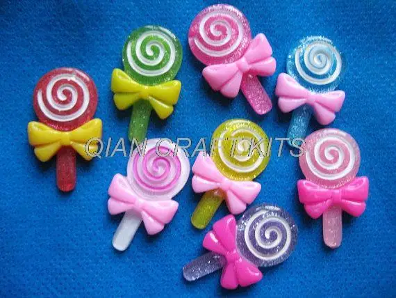 120pcs Resin Lollipop Flatback w/Bow glitter shiny mixed colors big 32mm decoden cabochon sparkle glittery