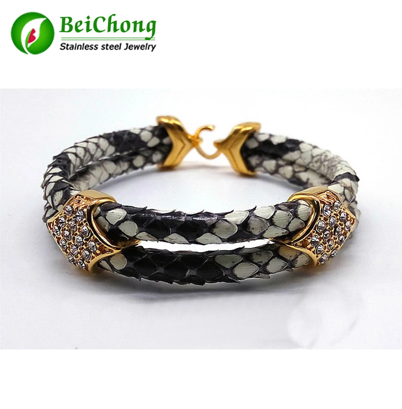 10Pcs Fashion Python Skin Snake 5MM Men with Stainless Steel BOX Circle Bangle Bracelet For Watch Gift