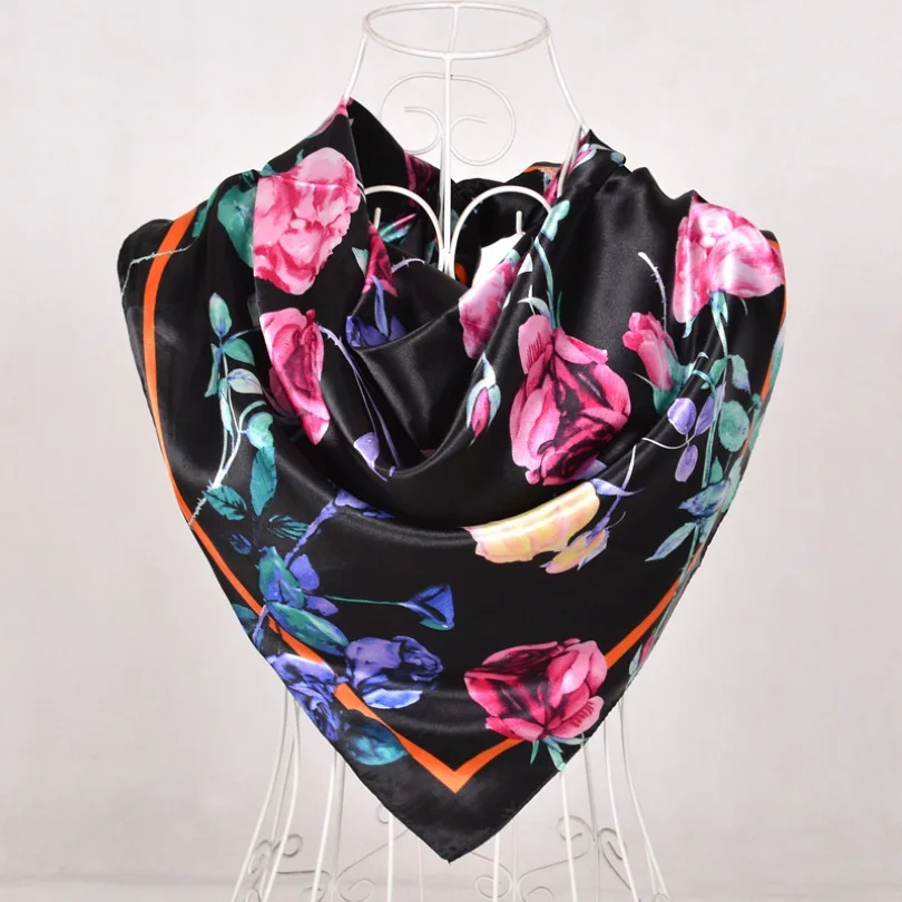 [BYSIFA] New Blue Pure Silk Satin Scarf Shawl Women Brand Floral Design Large Square Scarves Elegant Muslim Ladies Head Scarf