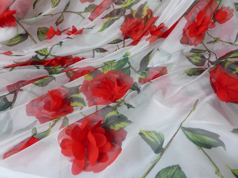 New 3D flowers fabric tulle lace Red 3D chiffon fabric rosette print wedding bridal gown dress lace fabric by yard