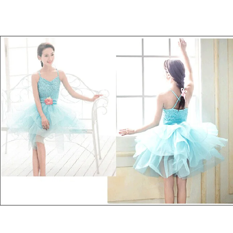 

Blue Ballet Tutu Dresses For Adult Kids Glitter Top Flower Belt Puffy Skirt,Ballet Costume Dancing Dancewear HB582