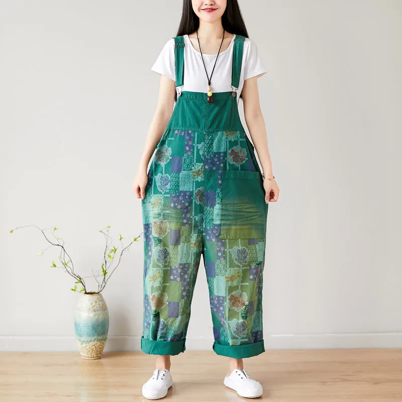 Women Denim bib trousers hanging crotch Jumpsuit Baggy large size Printed jean overalls Suspenders harem Rompers hip hop pants