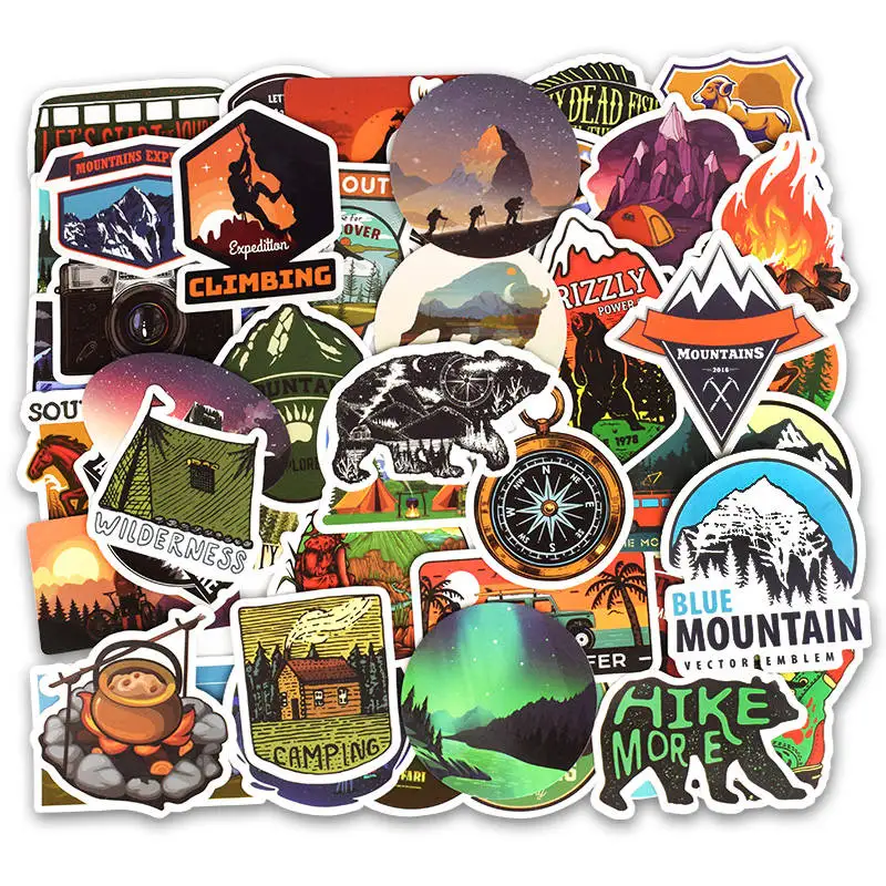 Outdoor Hiking Adventure Camping Stickers 50pcs Waterproof Vinyl Travel Camping Stickers for Water Bottle Laptop Hydroflask Cup