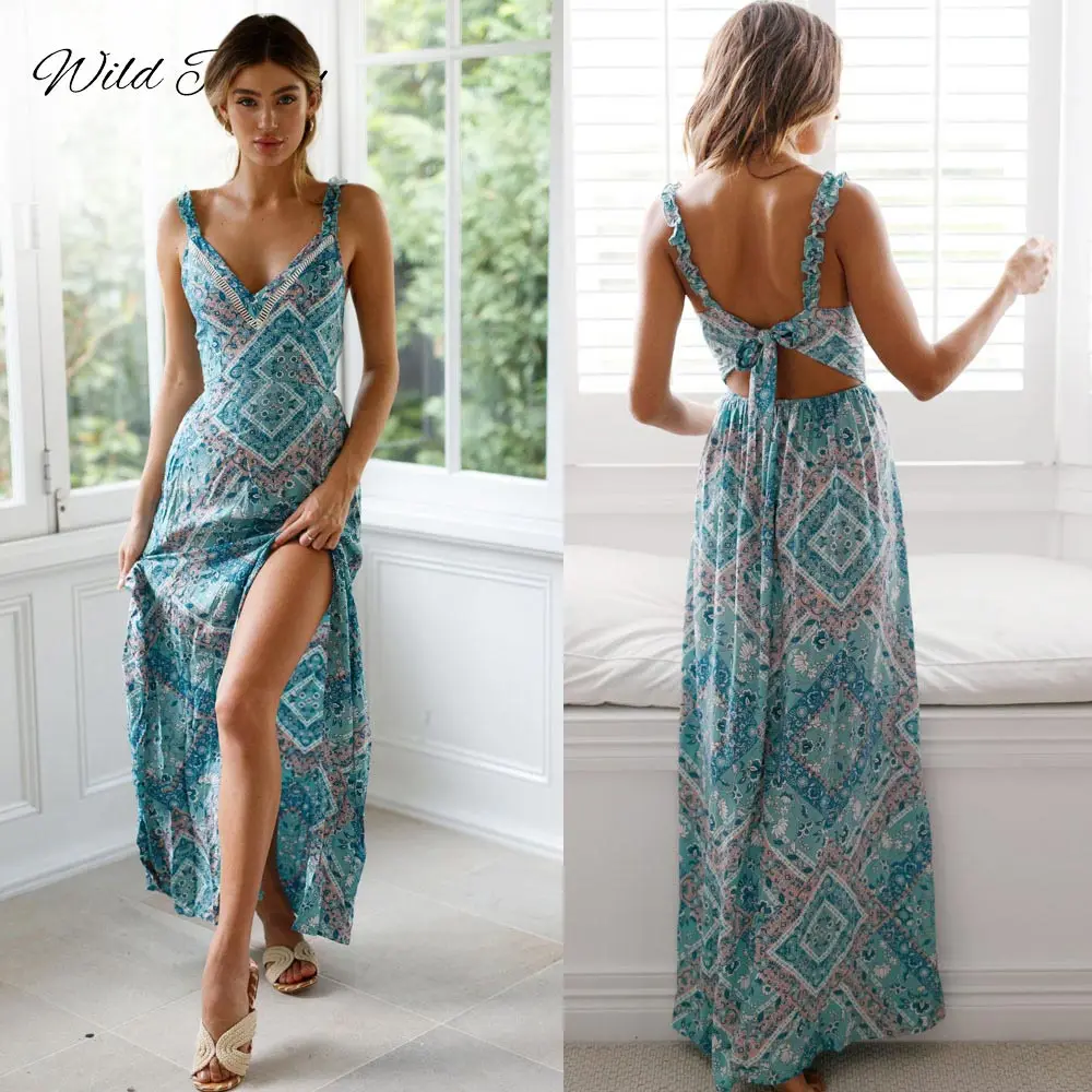 Vestidos bohemios sexys con tirantes finos para mujer, vestido largo con cuello en V, estampado Floral, lazo bohemio, espalda descubierta