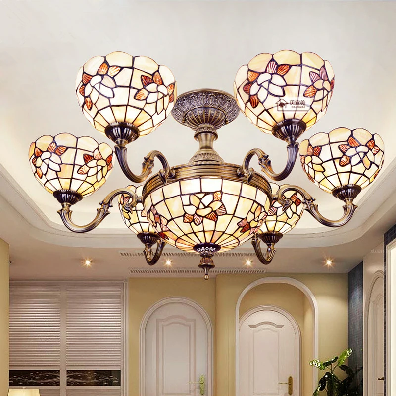 

32 Inch Shell Decoration Ceiling Lamps Mediterranean Style Hanging Chandelier Living Room 6Heads Chandelier