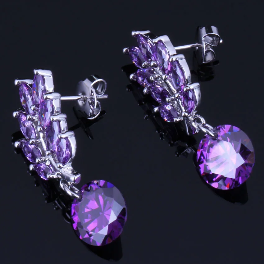 Absorbing Plant Purple Cubic Zirconia Silver Plated Drop Dangle Earrings V0704