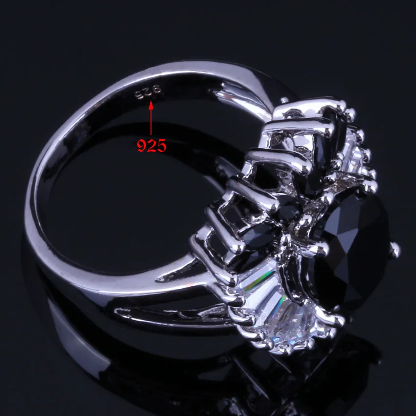 Sublime Flower Black Cubic Zirconia White CZ Silver Plated Jewelry Sets Earrings Pendant Nacklace Chain Ring V1002