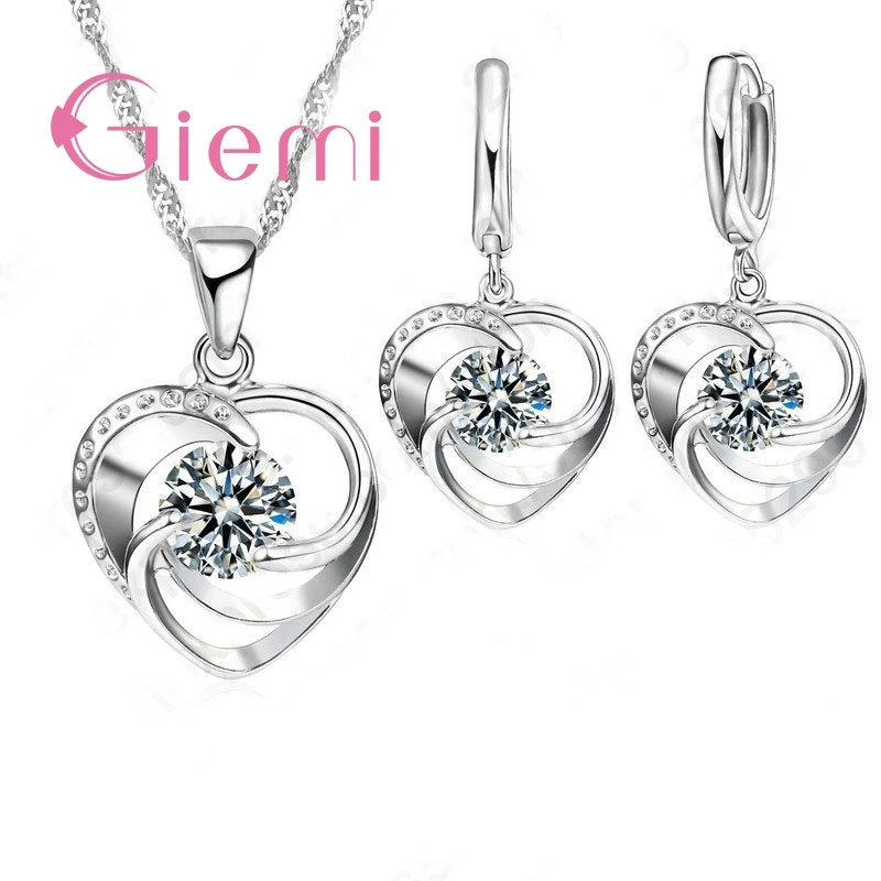 Charming Love Shape Crystal Necklace Elegant Women Wedding Ceremony Ear Jewelry 925 Sterling Silver Pendant Chain