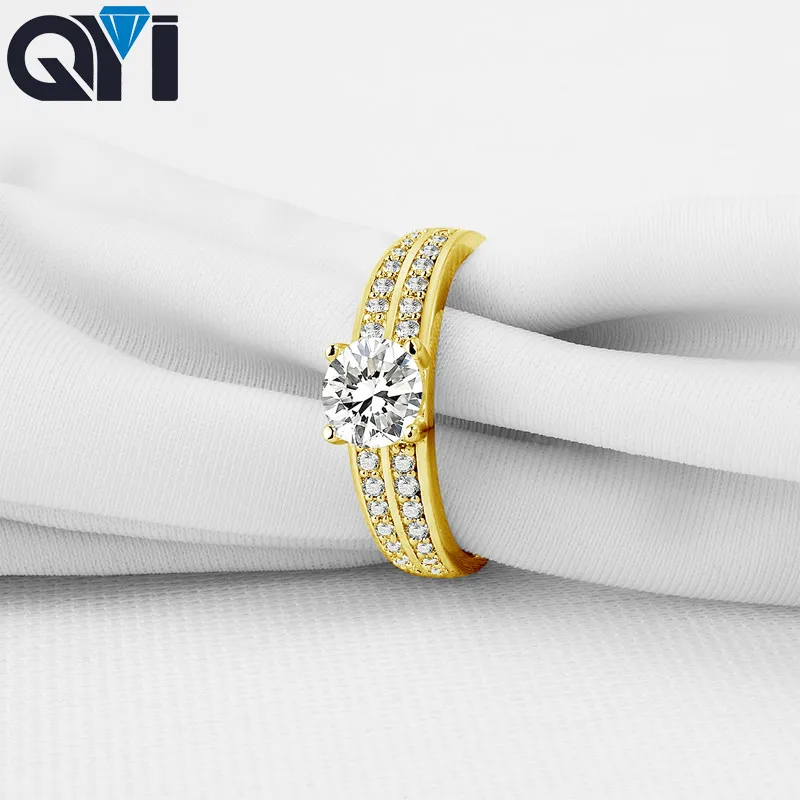 

QYI 14K Solid Yellow Gold Two Row Rings Round Moissanite Diamond Wedding Engagement Halo Rings For Women