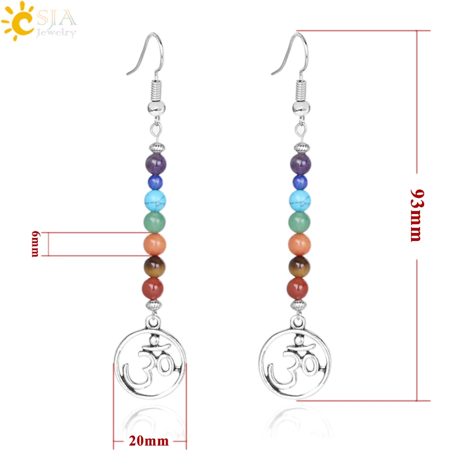 CSJA Vintage 7 Chakra 3D Long Fringed Statement Drop Earrings for Women Natural Stones Round Beads Reiki Healing Jewelry E708