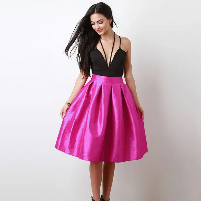 Big Swing Fuchsia Midi Skirt High Waist Pleated Women Short Skirt Best Quality 2017 Summer Ball Gown Saia Faldas Lolita Skirt