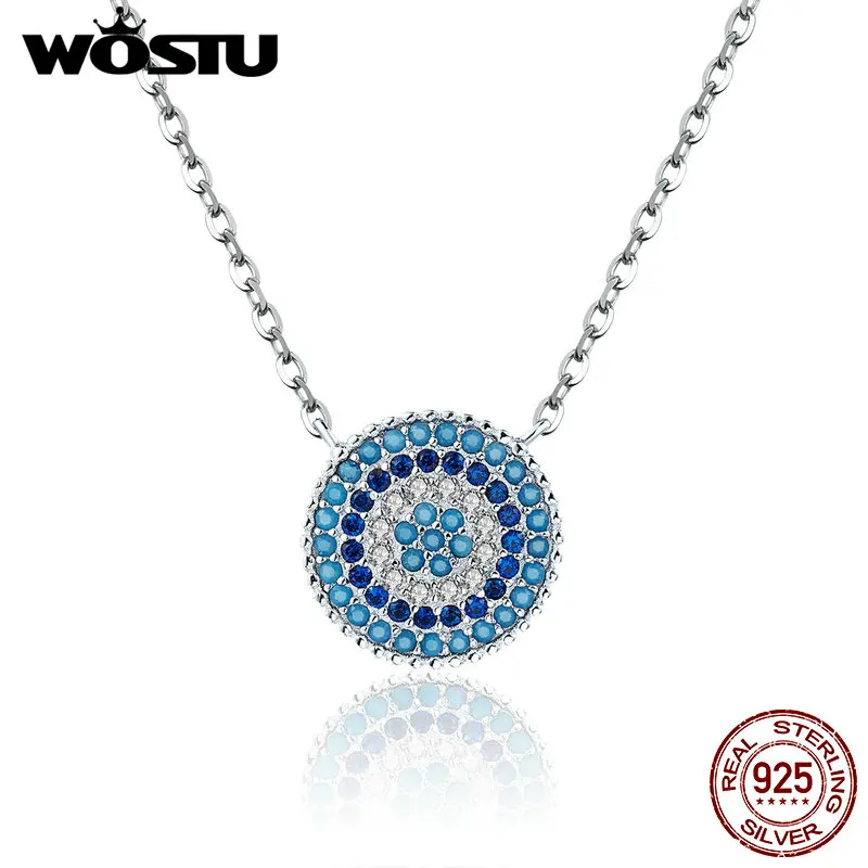 WOSTU Genuine S925 Sterling Silver Geometry Round Chic Blue Eye Pendent & Necklace For Women Trendy Jewelry Accessories CQN099