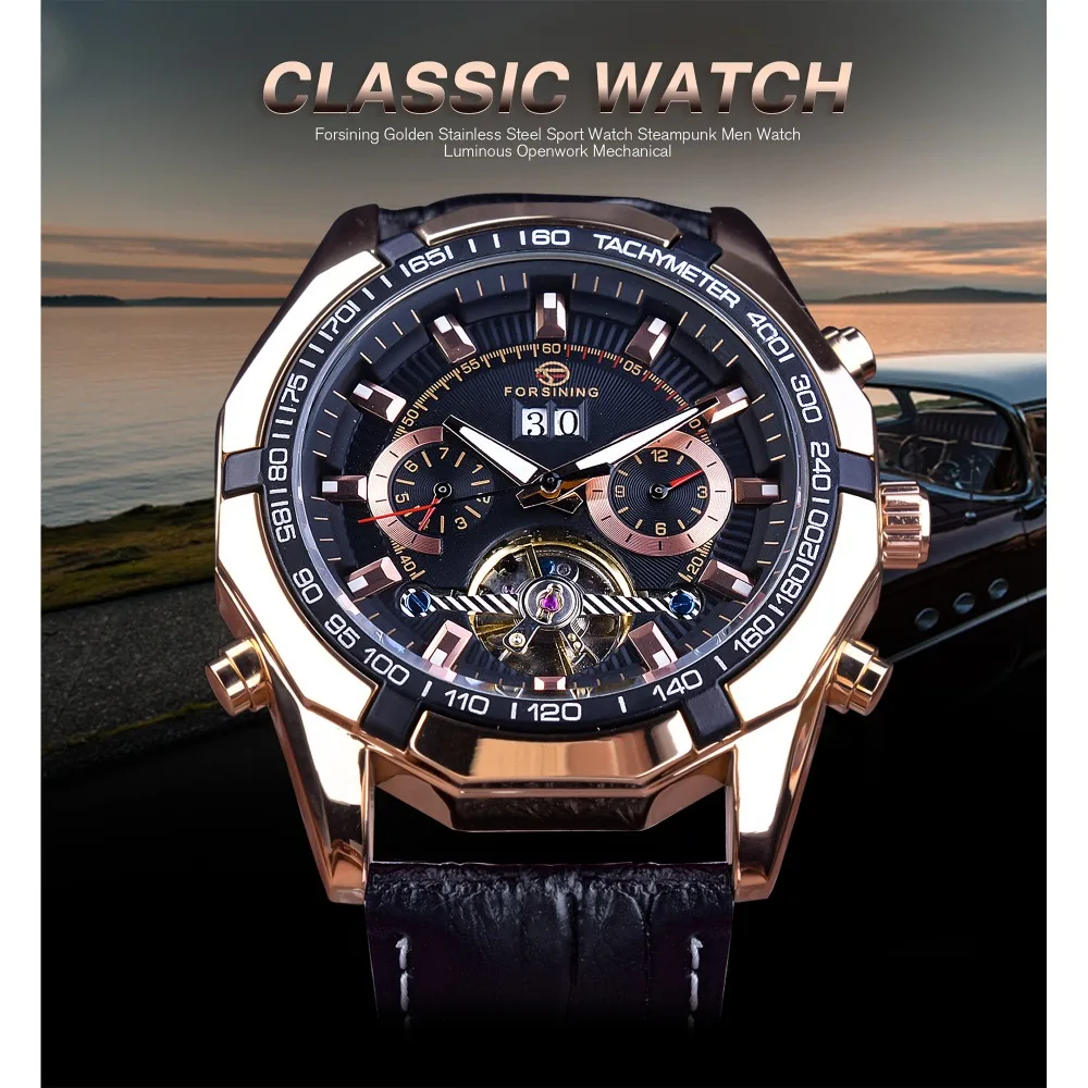 Forsining Tourbillion Fashion Sport Racing Bezel Design Rose Golden Calendar Display Automatic Creative Watches Top Brand Luxury