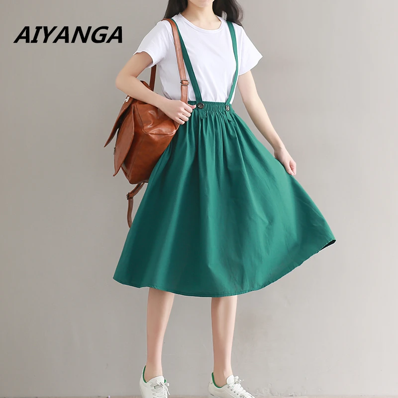 Women Linen Cotton Long Strap Skirts 2024 Girls Elastic Waist A-line Maxi Skirts Overalls Vintage Summer Skirt Faldas Saia