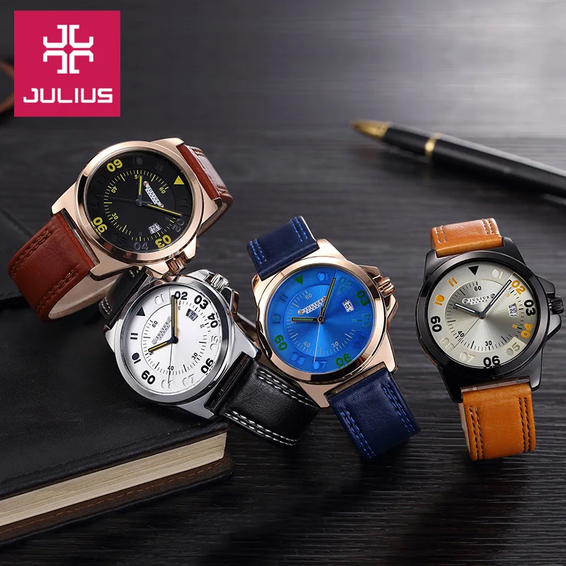 Top Auto Date Julius Men\'s Homme Wrist Watch Fashion Hours Dress Bracelet Retro Leather Young Student Boy Birthday Gift Box