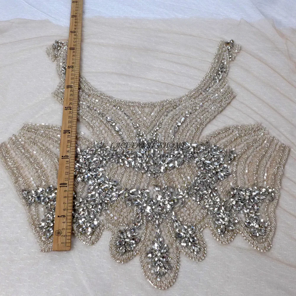 La Belleza Silver on nuder mesh Super hevery handmade rhinestones beads patch wedding dress accesories 3 piece one set