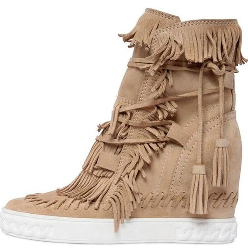 

Roman Women High Top Tassel Lace-up Suede Ankle Boots Ladies Height increasing Fringed Tongue Bandage Inner Wedge Sneakers