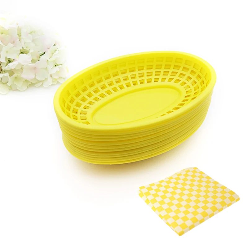 12pcs Serving Platter Food Serving Baskets 24 Wax Paper Hot Dog Cake Hamburger Fast Food Restaurant Hotel Supplies 9.5'