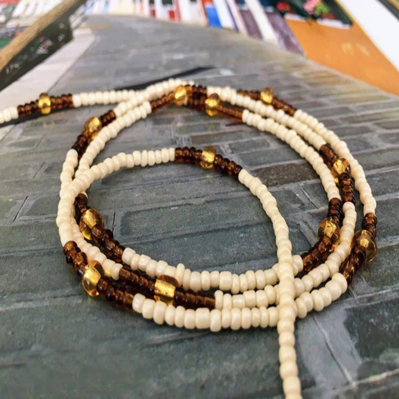 New Fashion White Brown Beads Belly Chain For Women Body Jewelry Gold Color Elastic Body Waist Chain 2021 Bohemia Beach Jewelry
