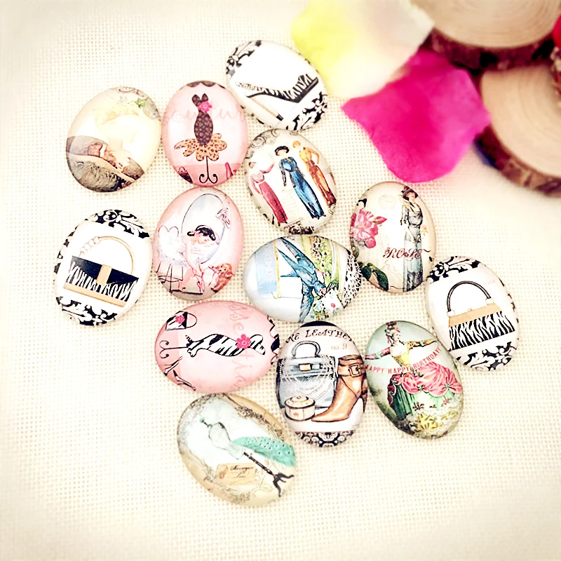 Free Shipping 14Pcs Mix People cat Image Round Cabochon 18*25mm or 20*30mm Vintage Glass Cabochon Findings