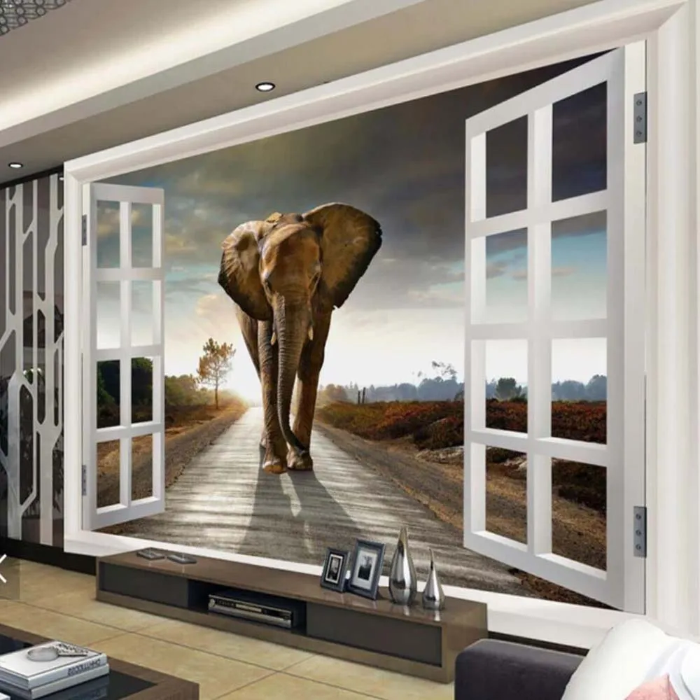 3D Window Elephant Photo Wallpaper Mural for Living Room TV Background Wall Decor s 3 D Waterproof  Animal