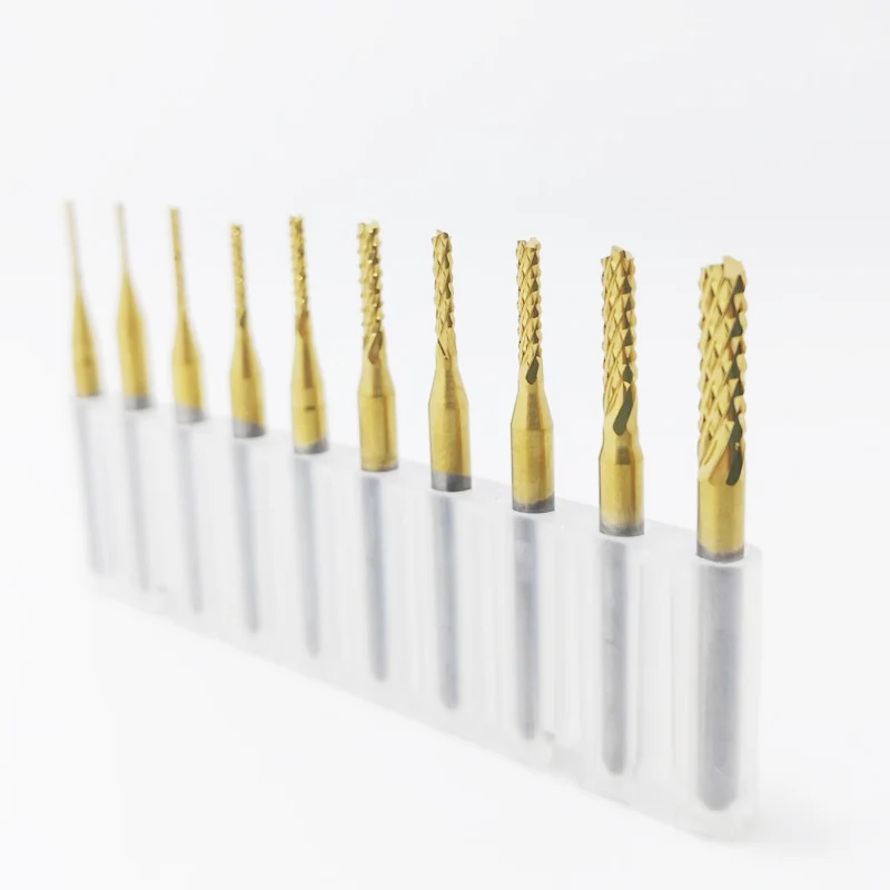 Fraise en bout de maïs, revêtement en étain de 3.175mm, PCB bits de fraisage pour PVC PCB CNC routeur bits 0.8mm à 3.0mm 10 pièces/lot