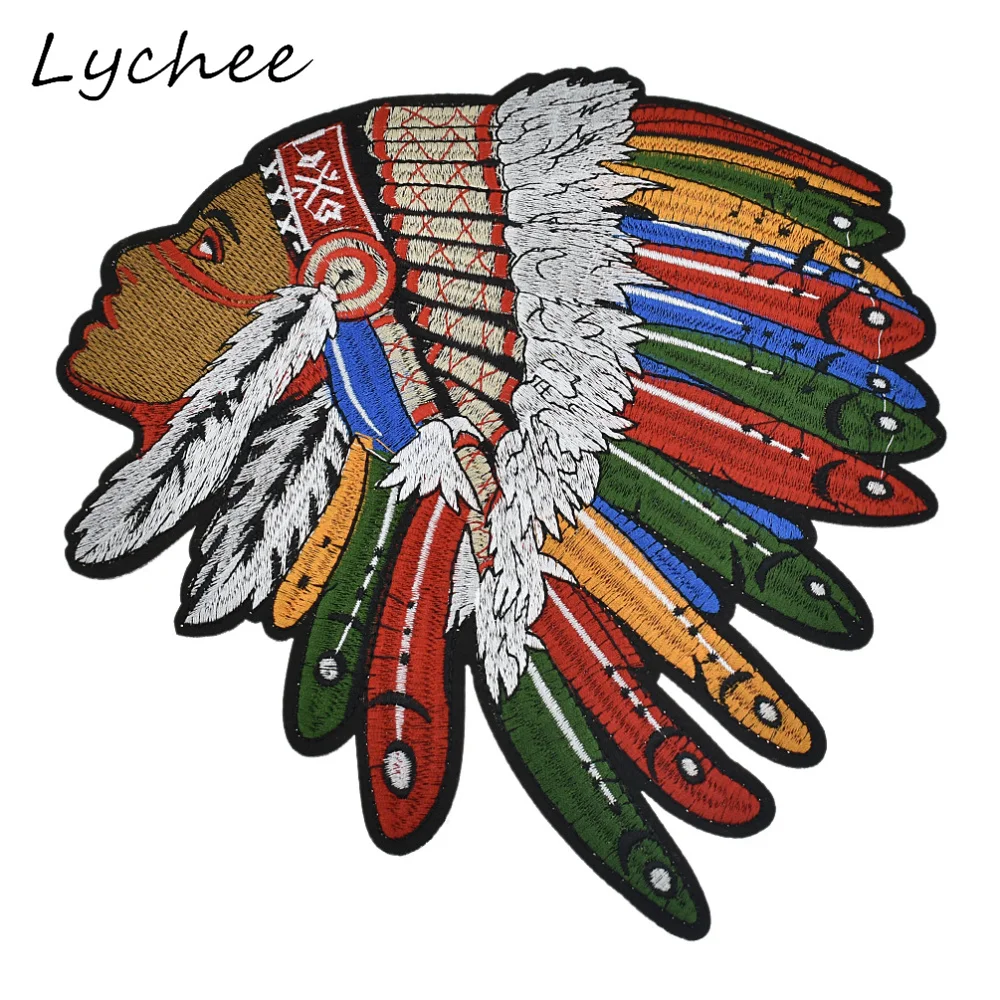 Lychee 24cm Oversized Colorful Indian Head Feather Embroidery Patches With Adhesive DIY Sewing Garment Applique