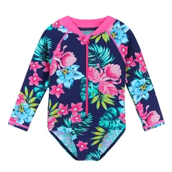 BAOHULU Navy Floral Baby Swimwear Long Sleeve UPF50+ Girls' Swimsuit One Piece Children Swimwear Toddler Bathing Suit Beachwear