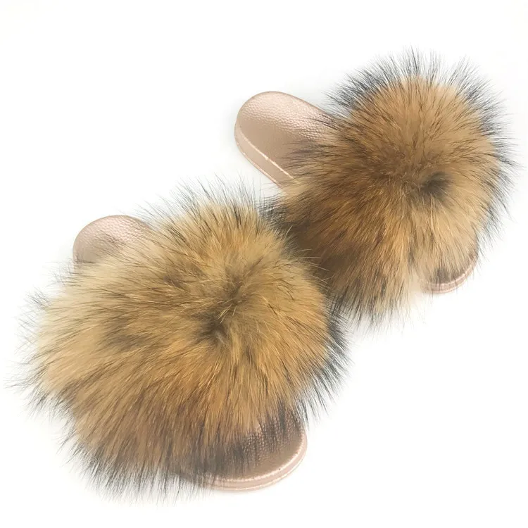 2019 real Red Raccoon Fur Sandals Women Slides Fox Hair Flat Fluffy Fashion Home Summer Big Size Natural Furry Flip Flops Shoes